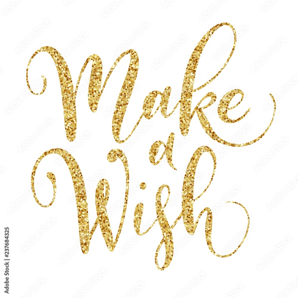 Make a wish brush hand lettering with golden glitter texture, isolated on white background. Vector type illustration. Can be used for holidays festive design. Make a wish brush hand lettering with golden glitter texture, isolated on white background. Vector type illustration. Can be used for holidays festive design.