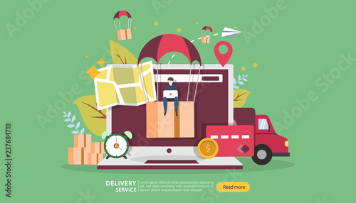 Online Delivery service. order express tracking concept with tiny character and cargo box truck. template for web landing page, banner, presentation, social media and print media. Vector illustration.
