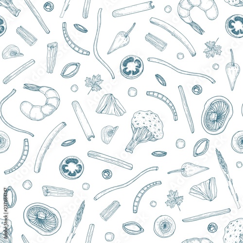 Seamless pattern with food pieces or ingredients for wok meal. Backdrop with vegetables and seafood hand drawn with contour lines on white background. Monochrome vector illustration for textile print.