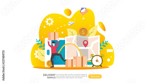 Online Delivery service. order express tracking concept with tiny character and cargo box truck. template for web landing page, banner, presentation, social media and print media. Vector illustration.