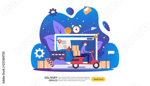 Online Delivery service. order express tracking concept with tiny character and cargo box truck. template for web landing page, banner, presentation, social media and print media. Vector illustration.