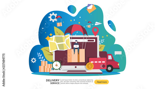 Online Delivery service. order express tracking concept with tiny character and cargo box truck. template for web landing page, banner, presentation, social media and print media. Vector illustration.