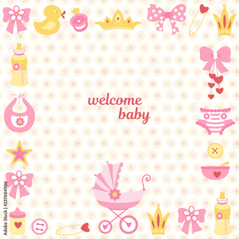 Cute Baby shower card with baby things.Diaper,carriage,pin,duck, Cute Baby shower card with baby things.Diaper,carriage,pin,duck,