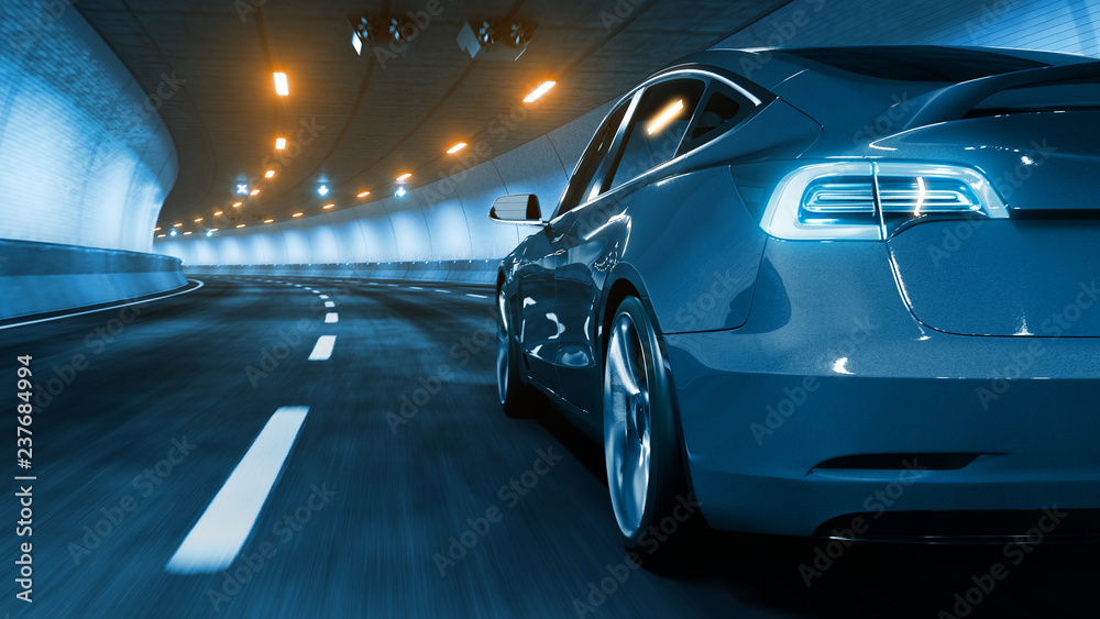 Modern Electric car rides through tunnel with warm yellow light 3d rendering - obrazy, fototapety, plakaty 