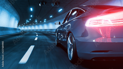 Modern Electric car rides through tunnel with cold blue light style