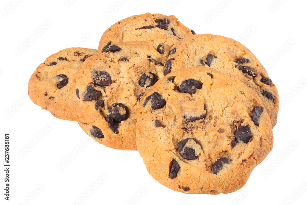 Chocolate chip cookies isolated on white background. Sweet biscuits. Homemade pastry. Chocolate chip cookies isolated on white background. Sweet biscuits. Homemade pastry.