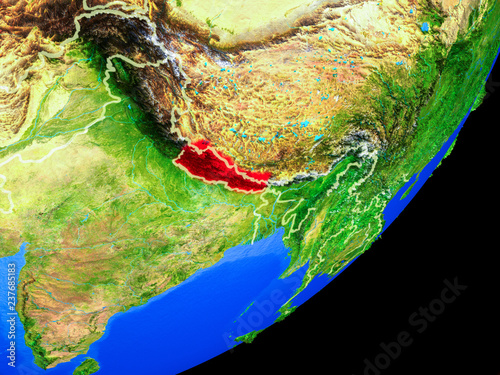 Nepal on planet Earth with country borders and highly detailed planet surface.