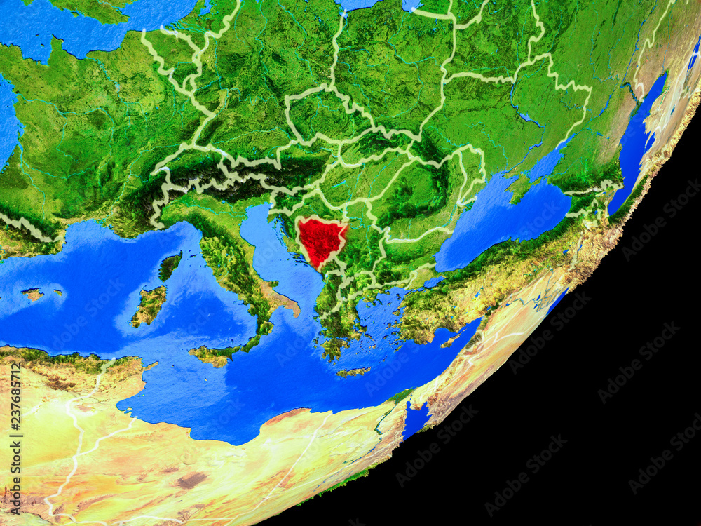 Bosnia and Herzegovina on planet Earth with country borders and highly detailed planet surface. Bosnia and Herzegovina on planet Earth with country borders and highly detailed planet surface.