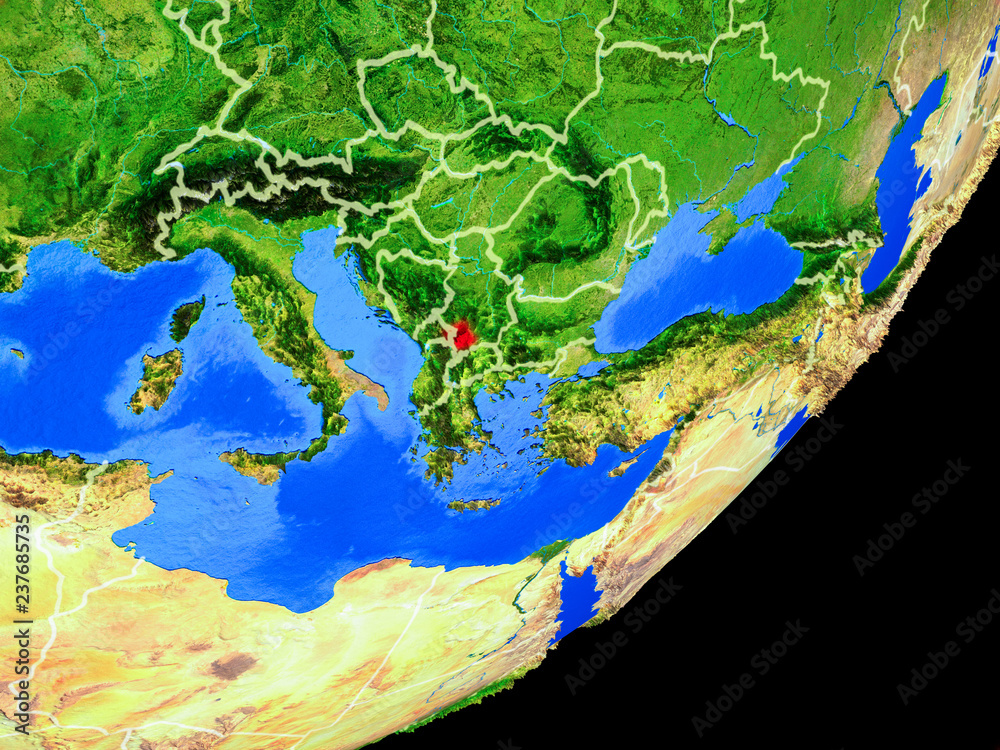 Kosovo on planet Earth with country borders and highly detailed planet surface.