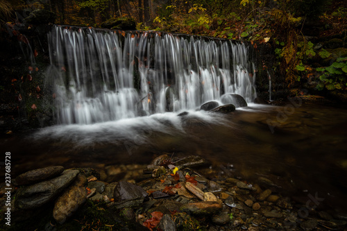 Autumn in mountain forest. Creek flowing over stones  colorful fallen leaves all around. Pure  clean and cold water. Rainy season  magical time of the year. Peaceful and relaxing landscape scene.