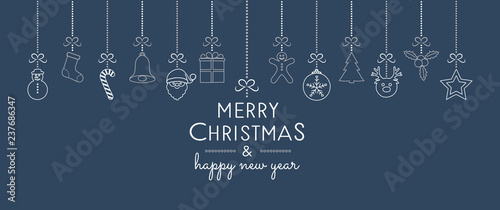 Design of Christmas banner with wishes and hand drawn ornaments. Vector.