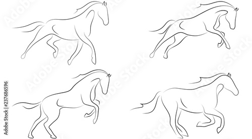 Black line horse on white background. Running horse sketch style. Vector graphic icon animal.
