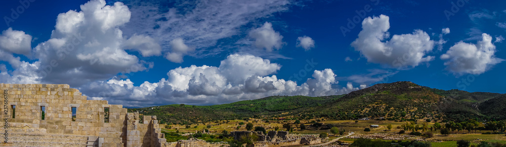 Panoramic landscape from Bouleuterion in Patara (Pttra) Ancient City. The assembly hall of Lycia public. The Lycian League's capital was at Patara.