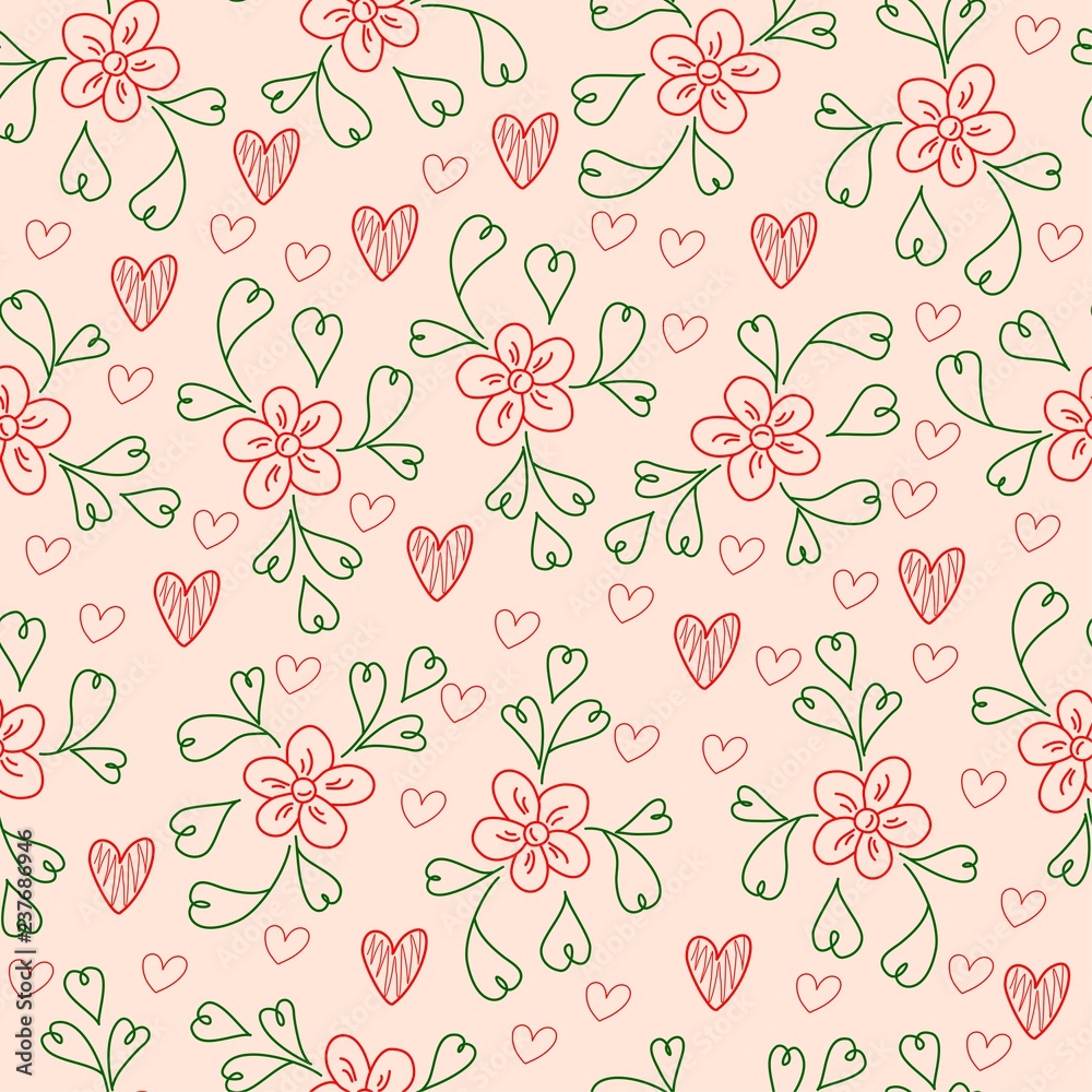Floral hand drawn seamless pattern with heart shaped leaves. Floral hand drawn seamless pattern with heart shaped leaves.
