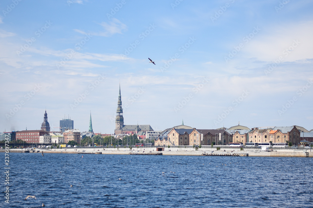 Riga, a view of the city from the water, a bird