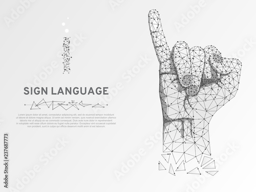 Origami Sign language I letter, hand that use the visual-manual modality to convey meaning. Polygonal space low poly style. People silent communication. Connection wireframe Vector on white background