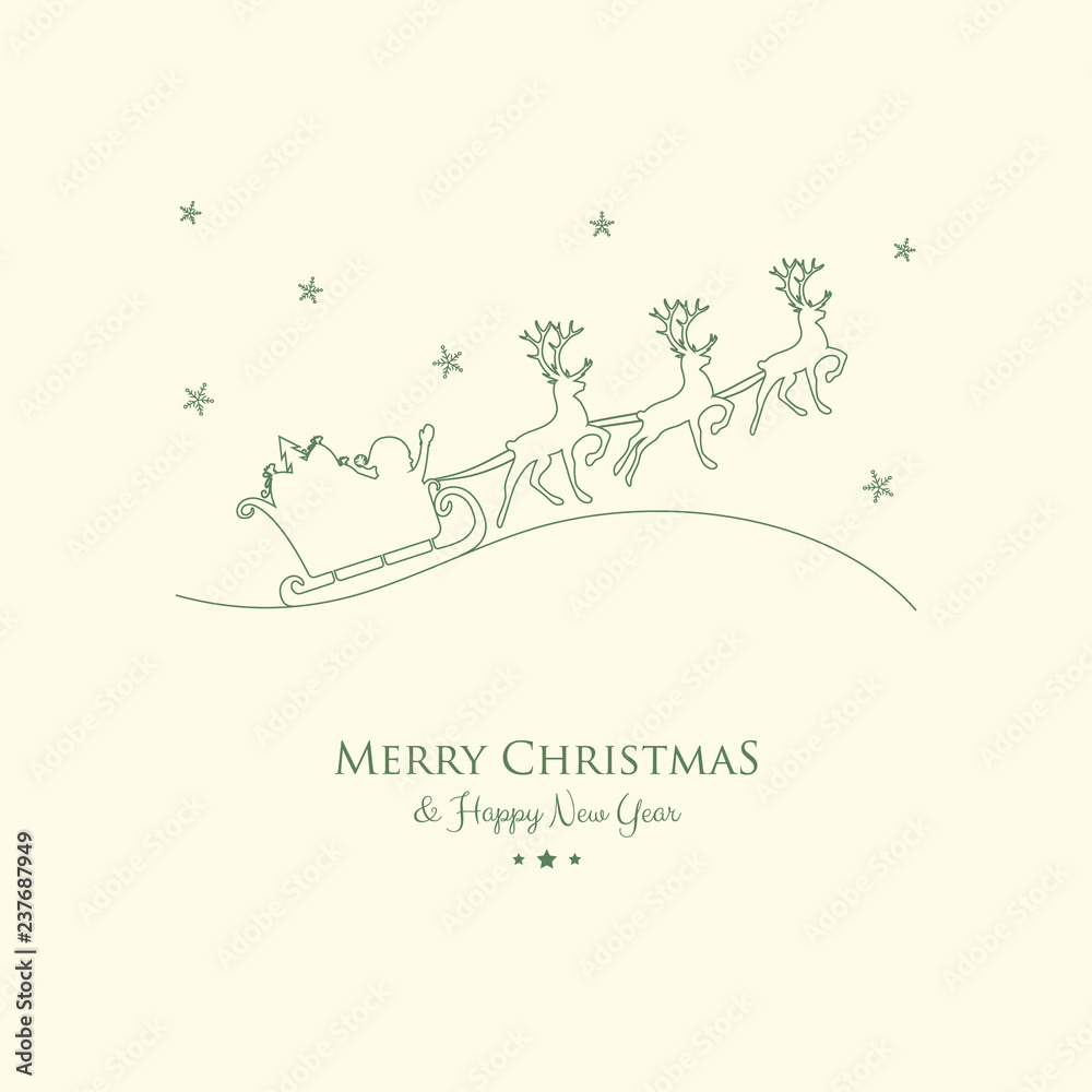 Concept of Christmas greeting card with cartoon Santa Claus and reindeers. Vector.
