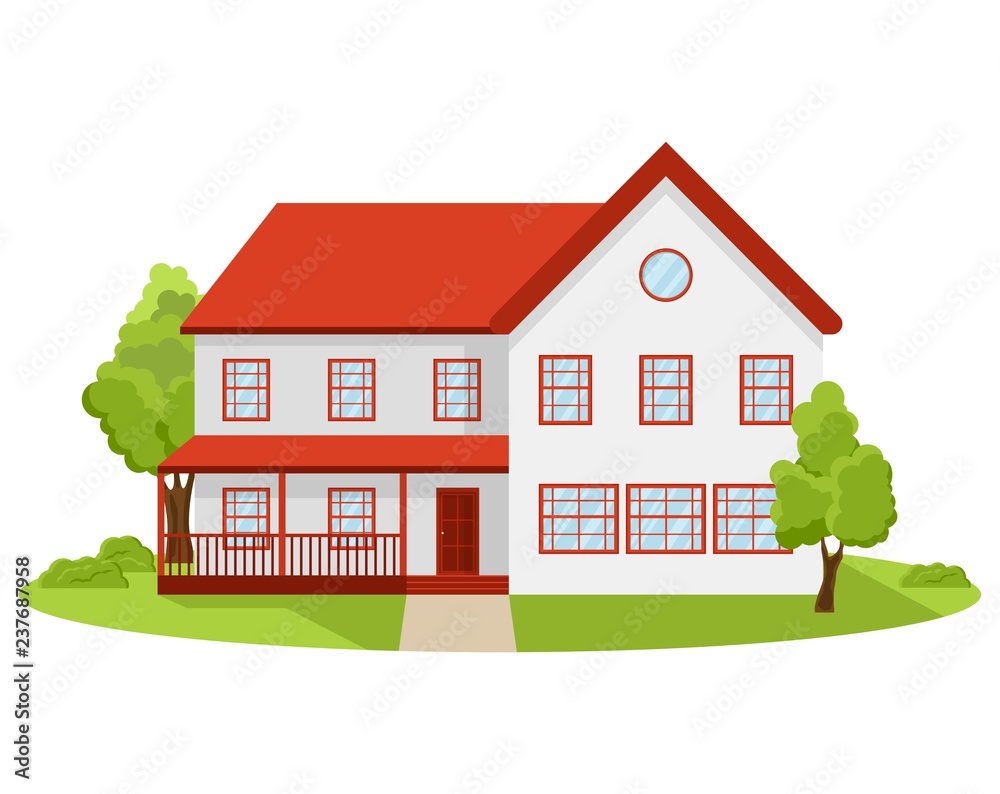 Town house cottage, flat private residential architecture. Front of the house and garden, country cottage. Grassy lawn and trees. Residential Home exterior concept flat style. Facade vector