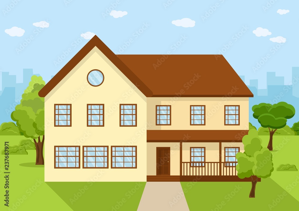 Town house cottage, flat private residential architecture. Front of the house and garden, country cottage. Grassy lawn and trees. Residential Home exterior concept flat style. Facade vector