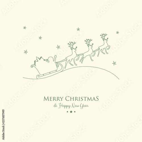 Concept of Christmas greeting card with cartoon Santa Claus and reindeers. Vector.