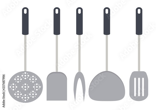 Kitchen tools and restaurant utensils isolated on white backgroud. Spatula, whisk, fork, ladle, cheese slicer, skimmer and sieve. Vector illustration