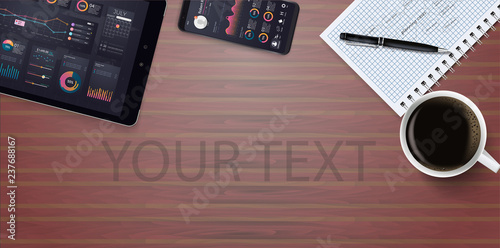 	 Workplace collection vector mock-up with office stuff for your design. Top view on realistic computer tablet, coffee cup,notebook