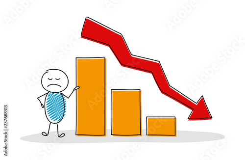 Hand drawn cartoon character with column graph. Vector.