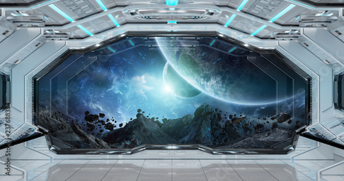 Fototapeta Naklejka Na Ścianę i Meble -  White clean spaceship interior with view on planet Earth 3D rendering
