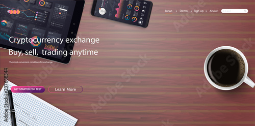 Web site template. Forex market, news and analysis. Binary option. Application screen for trading. Modern vector illustration concepts for website and mobile website development. Vector illustration