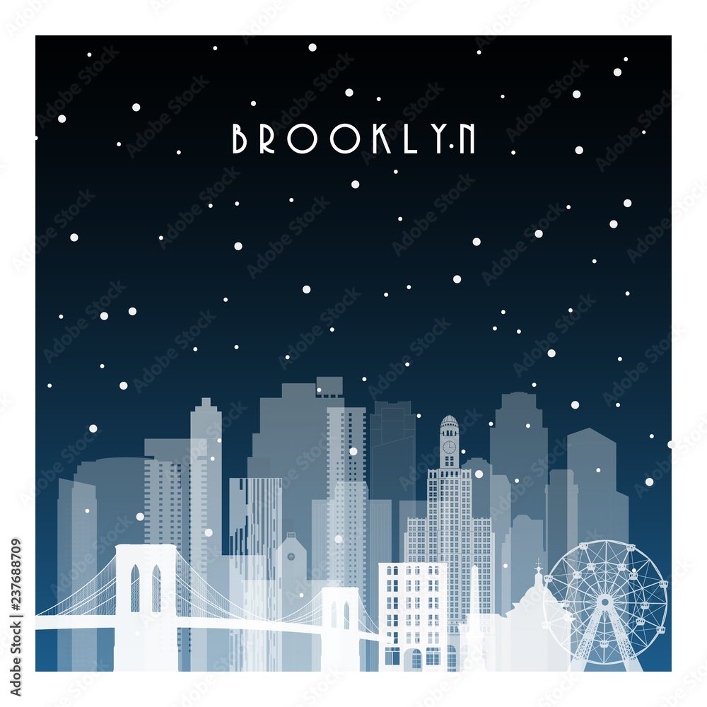 Winter night in Brooklyn. Night city in flat style for banner, poster, illustration, background.