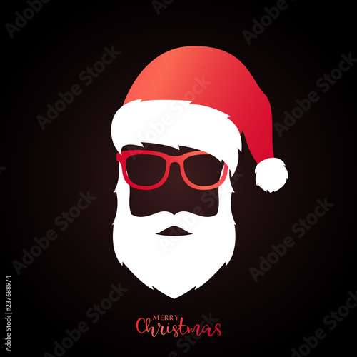 Santa Claus with red hat and glasses on black background. Christmas illustration.