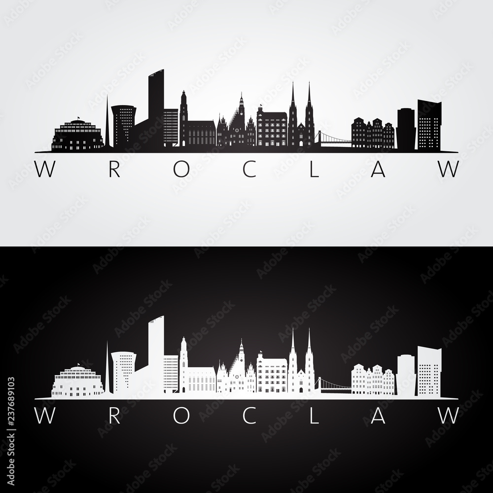 Obraz Wrocławska linia horyzontu i punkt zwrotny sylwetka, czarny i biały projekt, wektorowa ilustracja.