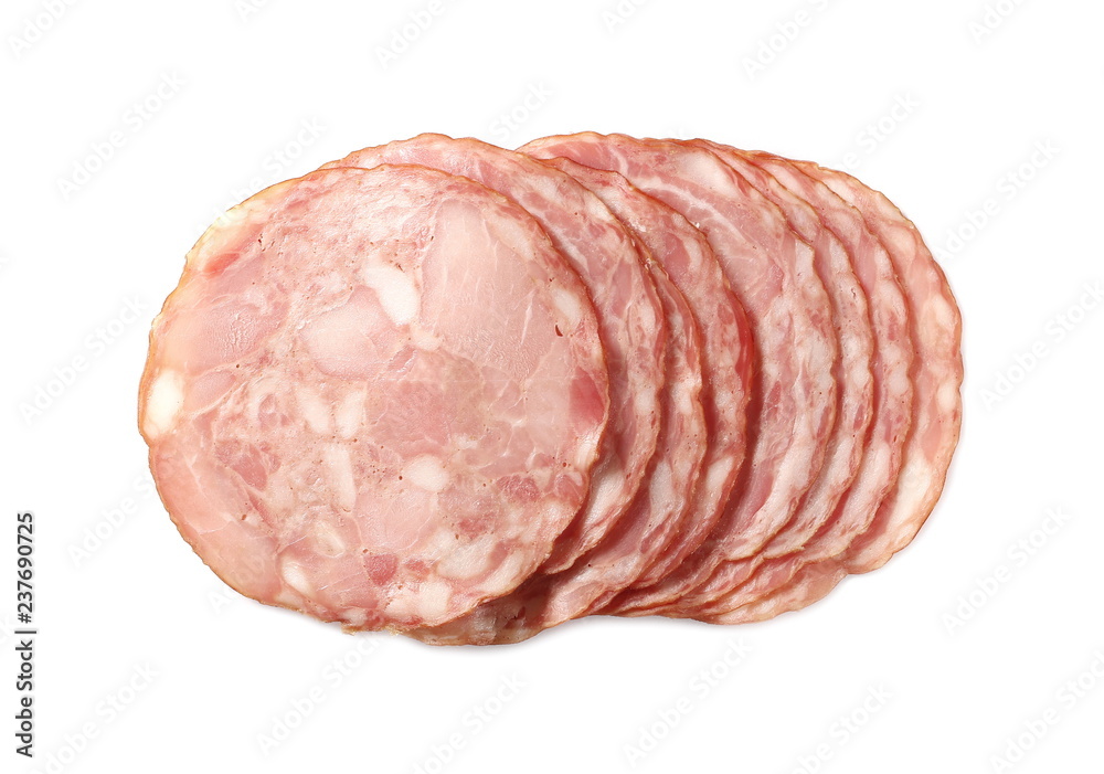 Ham slices isolated on white background, top view Ham slices isolated on white background, top view