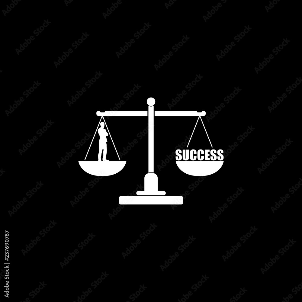 Businessman and word success on a balance scale icon or logo on dark background Businessman and word success on a balance scale icon or logo on dark background