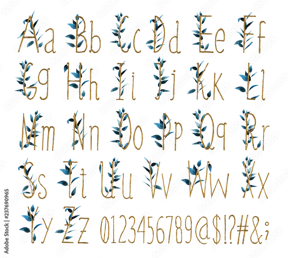 Font of all alphabet with numbers and signs is made of watercolor leaves and Golden letters