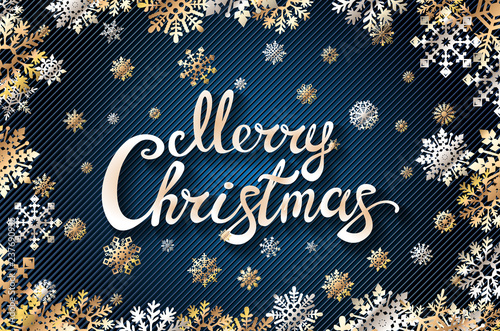 vector Merry Chrismas snowflackes. Lettering. Perfect for greetings, invitations, manufacture wrapping paper, textile and web design. Gold. blue background