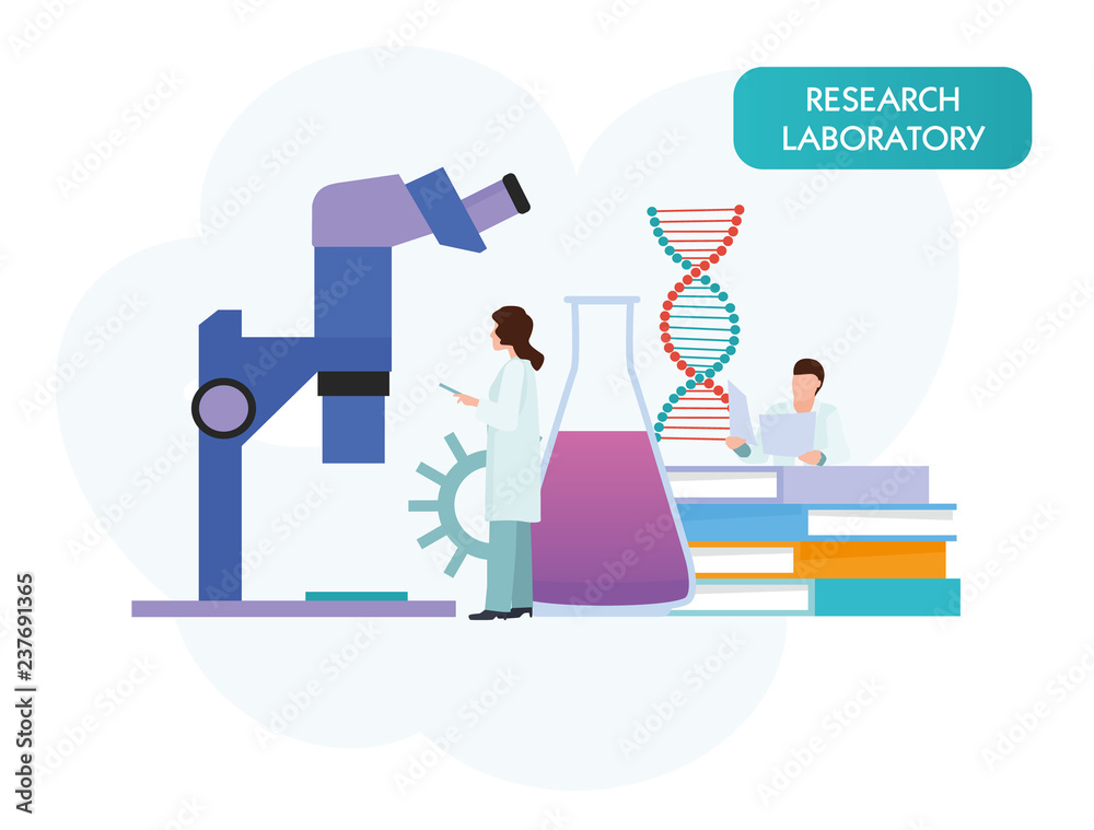 vector people scientists research in laboratory process. Vector flat cartoon illustration