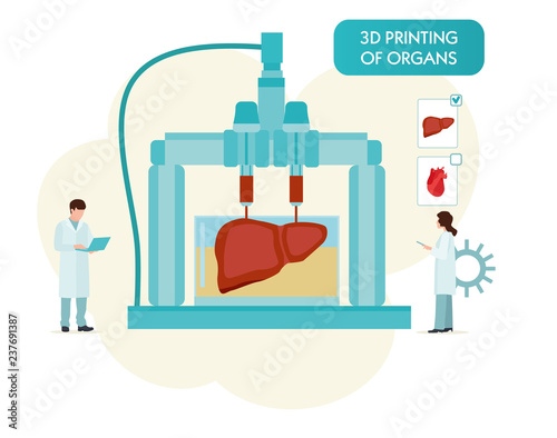 3D Bioprinter. Human Organs replicated concept. Vector cartoon flat illustration