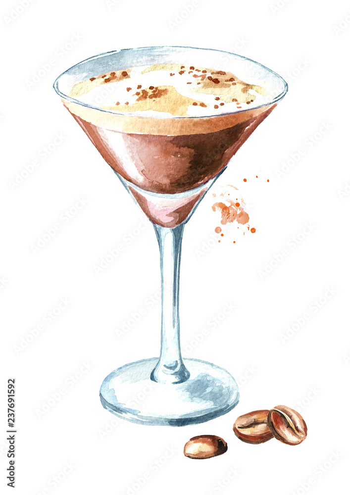 Espresso martini cocktail with coffe grains. Watercolor hand drawn