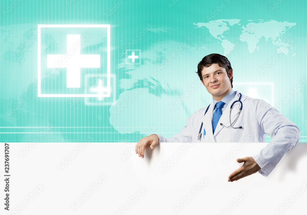 Doctor with banner Doctor with banner