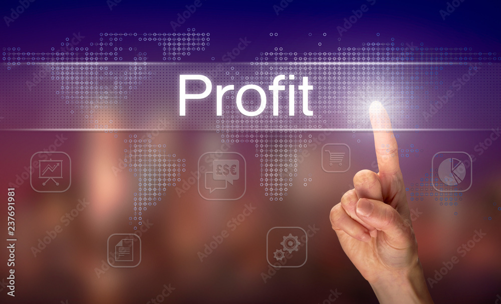 A hand selecting a Profit business concept on a clear screen with a colorful blurred background. A hand selecting a Profit business concept on a clear screen with a colorful blurred background.