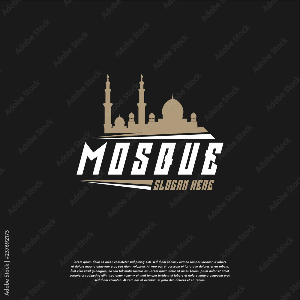 Luxury Mosque silhouette icon logo template, Mosque icon vector Illustration design template in dark Background