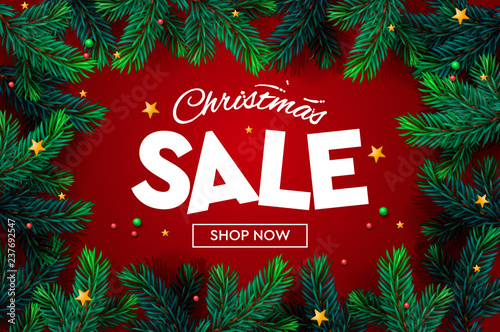 Christmas Sale banner, Xmas sparkling lights, christmas tree branch. Horizontal christmas posters, cards, headers, website, vector illustration. © Ivan Kopylov