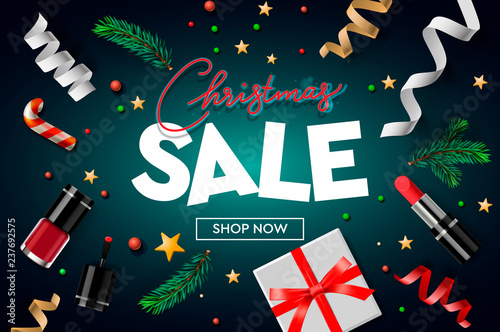 Christmas sale poster template with Christmas ornaments, gifts, nail, lipstick, stars, confetti and fir branches. Online shopping, website poster, vector illustration.