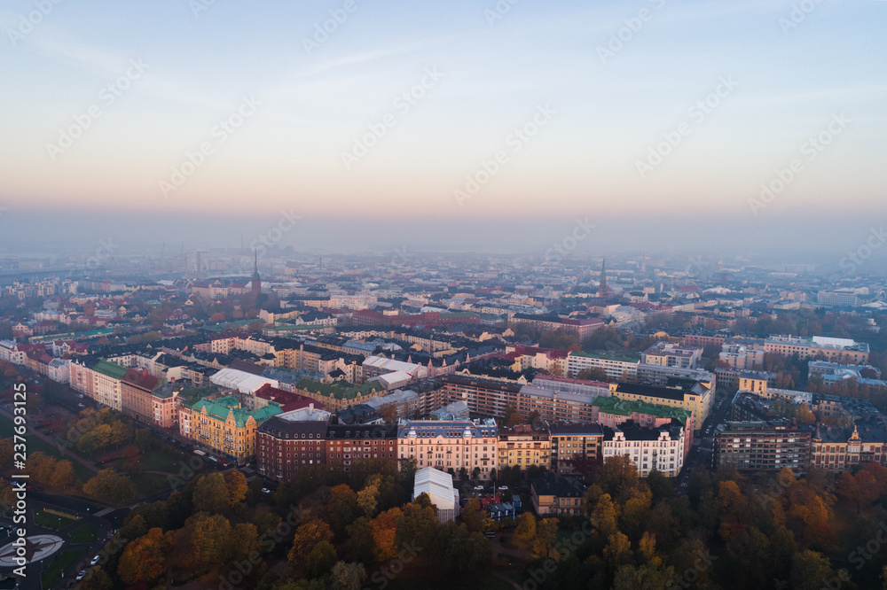 Helsinki Finland seen from the air on a foggy autumn morning