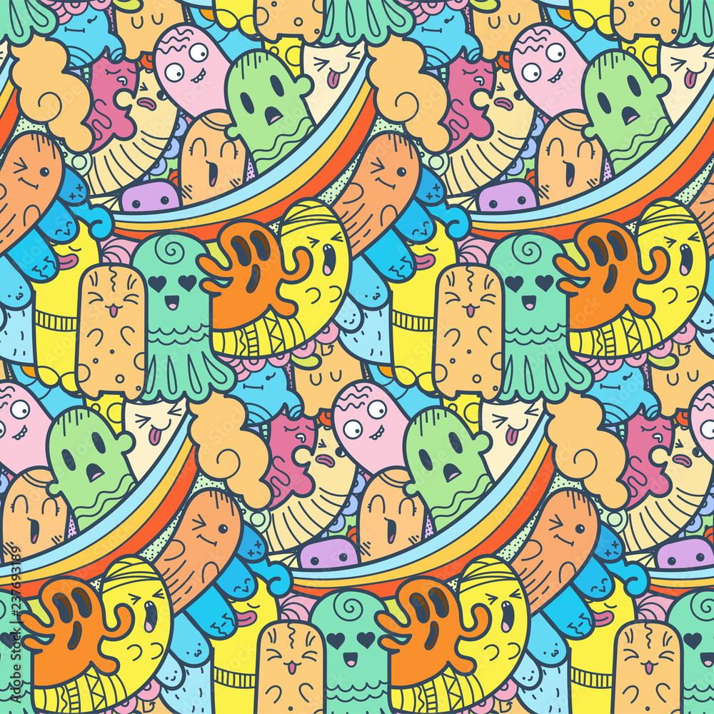 Funny doodle monsters seamless pattern for prints, designs and coloring books Funny doodle monsters seamless pattern for prints, designs and coloring books