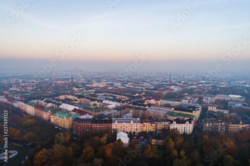 Helsinki Finland seen from the air on a foggy autumn morning