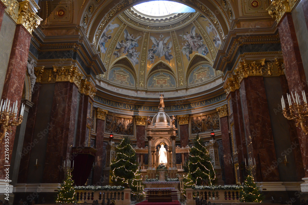 Interior of St. Stephen's Basilica (Szent Istvan Bazilika) in Budapest on December 29, 2017.