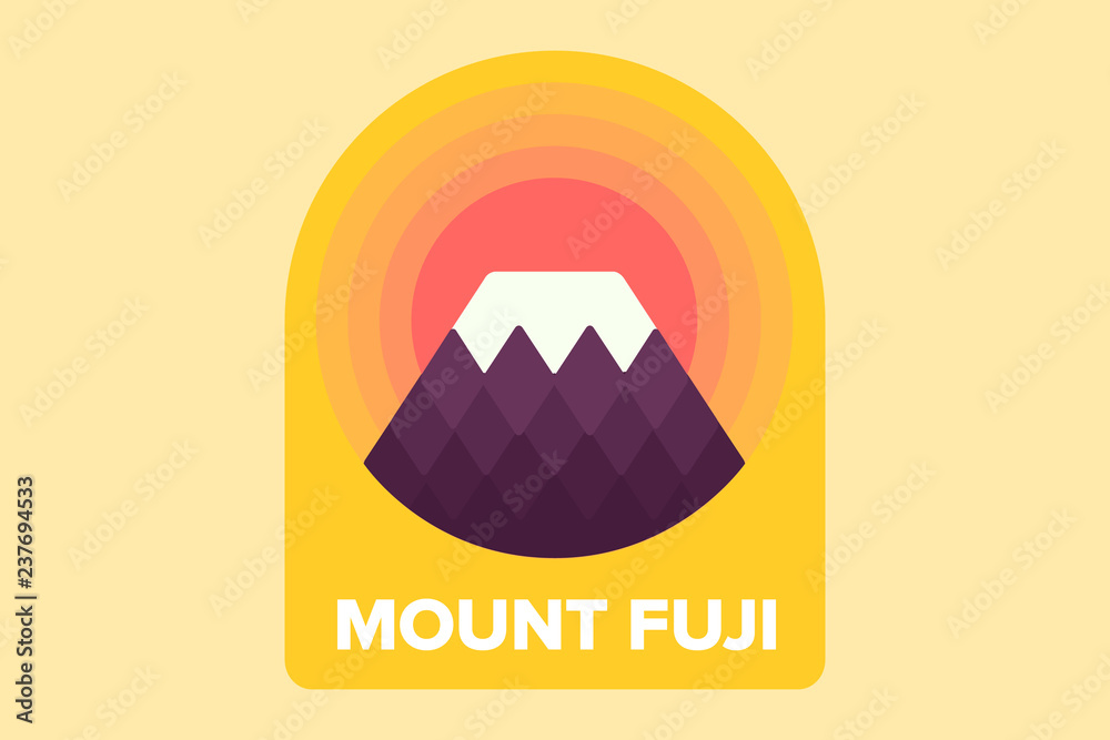 badge mountain fuji icon vector, rising sun above the hill
