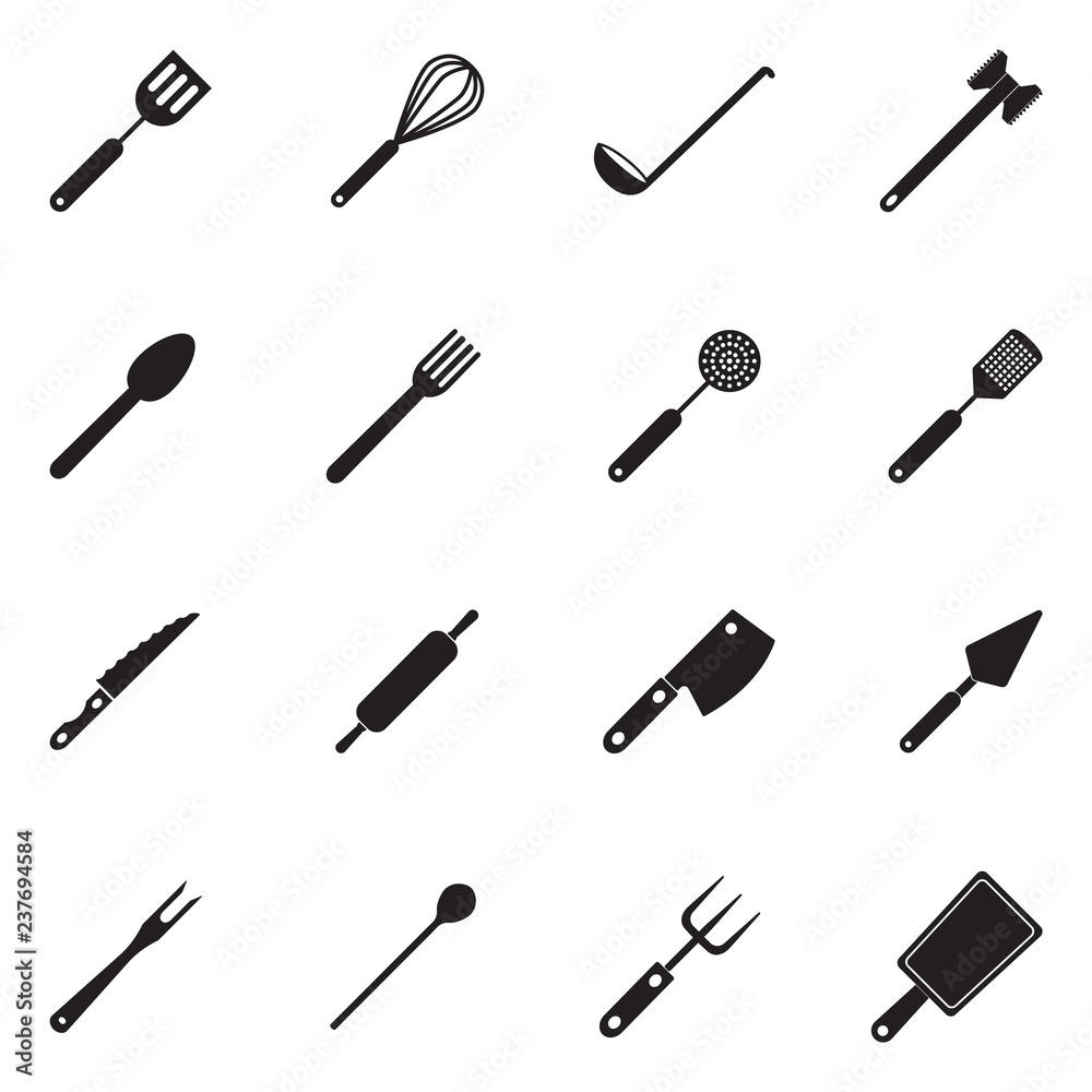 Obraz premium Kitchen Accessories Icons. Black Flat Design. Vector Illustration. 